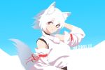  1641_(chfhrtor94) 1girl animal_ears bangs blue_background character_name closed_mouth detached_sleeves hand_in_hair inubashiri_momiji looking_at_viewer no_lineart pom_pom_(clothes) red_eyes short_eyebrows short_hair simple_background solo tail touhou upper_body white_hair wide_sleeves wolf_ears wolf_tail 