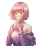  1girl bangs blush book bow breasts collared_shirt eyebrows_visible_through_hair gridman_universe holding holding_book looking_to_the_side medium_breasts purple_bow purple_eyes purple_hair purple_sweater shinjou_akane shirt short_hair smile solo ssss.gridman sweater tubering upper_body 