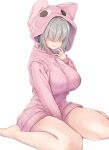  1girl :3 bangs between_legs blush breasts commentary_request grey_hair hair_over_eyes hand_between_legs highres hood hood_up hoodie karatakewari large_breasts long_bangs pink_hood pink_hoodie short_hair simple_background sitting smile solo uzaki-chan_wa_asobitai! uzaki_yanagi wariza white_background 