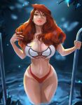  1girl bikini breasts cleavage crop_top curvy dripping fantasy green_eyes highres large_breasts legs_together looking_at_viewer marvel mary_jane_watson navel playing_with_own_hair red_bikini red_hair red_lips solo spider-man spider-man_(series) spider_web_print swimsuit tan tanlines tatti_art thick_lips thick_thighs thigh_gap thighs toon_(style) wading wet 