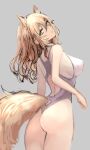  1girl animal_ears arknights ass bare_legs blonde_hair blush breasts commentary cowboy_shot extra_ears eyebrows_visible_through_hair from_behind gnggp grey_background hair_between_eyes highres horse_ears horse_girl horse_tail long_hair looking_at_viewer looking_back medium_breasts nearl_(arknights) nearl_(shimmering_dew)_(arknights) official_alternate_costume one-piece_swimsuit parted_lips sideboob simple_background sketch solo standing swimsuit tail white_swimsuit yellow_eyes 