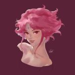  1girl bare_shoulders facial_mark forehead_mark gundam gundam_g_no_reconguista looking_at_viewer medium_hair noredo_nug pink_eyes pink_hair signature simple_background smile solo umeno_ryuuji 