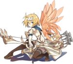  1girl ark_order arrow_(projectile) bangs blonde_hair blue_scarf boots bow_(weapon) brown_footwear crop_top detached_wings drawing_bow elbow_gloves feathered_wings fighting_stance forehead_protector full_body gloves gold_trim hair_intakes holding holding_arrow holding_bow_(weapon) holding_weapon icarus_(ark_order) jewelry k_suke_(weibo) looking_at_viewer midriff official_art orange_wings quiver ring scarf shirt short_hair skirt solo squatting stomach tachi-e thigh_boots thighhighs transparent_background weapon white_gloves white_shirt white_skirt wings 