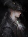  1girl ascot black_background black_headwear bloodborne blue_eyes brooch commentary grey_eyes hair_ribbon hat hat_feather highres jewelry lady_maria_of_the_astral_clocktower lips long_hair ponytail portrait ribbon silver_hair solo_focus spearthymint upper_body white_ascot white_hair 