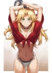  1girl arms_up bikini bikini_bottom black_choker blonde_hair breasts brown_background choker cleavage collarbone cowboy_shot eyebrows_visible_through_hair fang fate/apocrypha fate_(series) gradient gradient_background highres layered_bikini long_hair looking_at_viewer medium_breasts midriff mordred_(fate) mordred_(fate/apocrypha) navel red_shirt scrunchie shirt simple_background smile solo stomach studded_bracelet swimsuit tied_shirt tonee white_background 