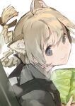  1girl animal_ears blonde_hair braid closed_mouth from_side grey_eyes holding long_hair looking_at_viewer looking_to_the_side simple_background smile solo souji_hougu strike_witches white_background world_witches_series 