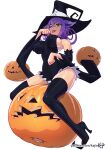  1girl ;p animal_ears blair_(soul_eater) boots breasts cat_ears detached_sleeves hat high_heels jack-o&#039;-lantern kajin_(kajinman) large_breasts long_hair looking_at_viewer one_eye_closed paw_pose purple_hair solo soul_eater thigh_boots thighhighs tongue tongue_out white_background witch_hat yellow_eyes 