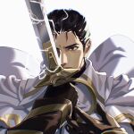  1boy absurdres alternate_costume bikini_boody black_eyes black_hair cape commission commissioner_upload electricity fire_emblem fire_emblem:_thracia_776 fire_emblem_heroes gloves highres holding male_focus one_eye_covered reinhardt_(fire_emblem) simple_background solo sword weapon 