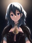  1girl armor bangs black_armor black_cape blue_eyes blue_hair breastplate byleth_(fire_emblem) byleth_(fire_emblem)_(female) cape closed_mouth commentary_request expressionless eyebrows_visible_through_hair fire_emblem fire_emblem:_three_houses hair_between_eyes komurice long_hair looking_at_viewer short_sleeves solo upper_body 