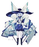  1girl absurdres adapted_costume blue_eyes boots bow buttons cubism geometric_pattern grey_hair harano_kaguyama hat hat_bow heart highres knee_boots komeiji_koishi large_bow large_hat looking_at_viewer miniskirt short_hair skirt smile solo standing third_eye touhou very_long_sleeves white_background wide_sleeves 