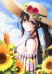  1girl bangs bare_shoulders bikini blue_sky breasts brown_eyes brown_hair day earrings fate/grand_order fate_(series) field flower flower_field hat highres jewelry long_hair medium_breasts multiple_earrings open_clothes parted_lips robe sky solo straw_hat sunflower swimsuit tiaowen_xiao_qiezi twintails very_long_hair white_bikini yu_mei-ren_(fate) yu_mei-ren_(swimsuit_lancer)_(fate) 