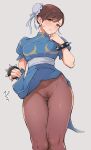  1girl ass_visible_through_thighs black_legwear blue_dress blush bracelet breasts brown_hair bun_cover china_dress chinese_clothes chun-li clothes_lift commentary_request double_bun dress dress_lift earrings ehohin female_pubic_hair grey_background hand_up highres jewelry lifted_by_self looking_at_viewer medium_breasts no_panties pantyhose pelvic_curtain pubic_hair puffy_short_sleeves puffy_sleeves sash see-through short_hair short_sleeves simple_background solo spiked_bracelet spikes standing street_fighter thigh_gap 