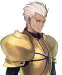  1boy archer_(fate) armor closed_mouth cosplay dark-skinned_male dark_skin fate/stay_night fate_(series) gilgamesh_(fate) gilgamesh_(fate)_(cosplay) gold_armor grey_eyes highres male_focus simple_background sketch solo spiked_hair sweatdrop upper_body white_background white_hair zonotaida 