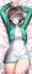  1girl absurdres ahoge arms_up bangs blue-framed_eyewear blush breasts brown_hair cropped_jacket dress fate/grand_order fate_(series) glasses green_jacket hair_between_eyes highres jacket kogarasu1st large_breasts long_sleeves looking_at_viewer lying mable_macintosh on_back open_clothes open_jacket short_dress short_hair smile solo thighs white_dress yellow_eyes 