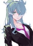  1girl alternate_costume bangs black_jacket blue_eyes blue_hair collarbone collared_shirt elira_pendora formal hair_over_one_eye head_wings highres jacket leaning_back long_hair looking_at_viewer mei_(adomanju) necktie nijisanji nijisanji_en one_eye_covered portrait purple_necktie shirt smile solo suit virtual_youtuber white_background white_shirt 