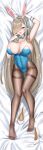  1girl :p absurdres animal_ears aqua_eyes arm_up ass_visible_through_thighs asuna_(blue_archive) bed_sheet black_legwear blonde_hair blue_archive blue_bow blue_bowtie blue_leotard bow bowtie breasts covered_navel dakimakura_(medium) detached_collar eyelashes fake_animal_ears feet finger_to_mouth full_body gloves groin hair_over_one_eye hair_ribbon headband high_heels highleg highleg_leotard highres huge_breasts knees_together_feet_apart leotard long_hair lying mole mole_on_breast official_alternate_costume on_back open_mouth outstretched_arm pantyhose playboy_bunny pumps ribbon shoes shoes_removed solo strapless strapless_leotard taut_leotard teeth thigh_gap thighs toes tongue tongue_out tufang upper_teeth very_long_hair white_gloves white_headband 