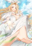  1girl afk_arena ass bangs barefoot belinda_(unlight) blonde_hair blurry blurry_foreground breasts cleavage cloud day detached_collar dress feet feet_out_of_frame foot_focus forehead foreshortening from_below full_body gem glowing gold_trim grass green_eyes highres holding holding_staff knees_up large_breasts leaves_in_wind long_hair no_shoes outstretched_hand parted_bangs parted_lips shine sino42 sky soles solo staff teeth thighs toes white_dress wrist_cuffs 
