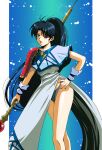  1980s_(style) 1girl armor black_hair blue_background blue_eyes blue_panties border commission dress hand_on_hip hikaru_(mikan0407) holding holding_staff jessica_(langrisser) langrisser langrisser_ii light_particles light_rays long_hair open_mouth panties ponytail retro_artstyle shoulder_armor side_slit solo sparks staff standing underwear very_long_hair white_border white_dress 