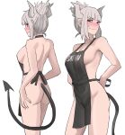  1girl apron ass black_apron black_tail breasts demon_girl demon_horns demon_tail helltaker highres horns jourd4n lucifer_(helltaker) multiple_views naked_apron nude red_eyes sideboob tail tied_hair wavy_mouth white_hair white_horns 