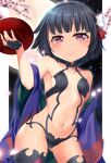 1girl armpits ass_visible_through_thighs bangs bare_shoulders bikini black_bikini black_hair black_legwear blunt_bangs blush breasts bridal_gauntlets cherry_blossoms closed_mouth collarbone commentary_request cosplay cowboy_shot cup eyebrows_visible_through_hair falling_petals fate/grand_order fate_(series) full_moon groin hair_ribbon hand_up highres holding holding_cup ishigaki_(kancolle) japanese_clothes kantai_collection kimono looking_at_viewer moon navel off_shoulder open_clothes open_kimono petals purple_eyes purple_kimono red_ribbon revealing_clothes ribbon sakazuki short_hair shuten_douji_(fate) shuten_douji_(fate)_(cosplay) sidelocks sky small_breasts smile solo standing star_(sky) starry_sky stomach swimsuit thighhighs white_ribbon yasume_yukito 