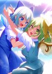  2girls bangs blue_bow blue_dress blue_eyes blue_hair bow breasts cirno collared_shirt daiyousei dress fairy_wings flat_chest green_eyes green_hair hair_bow hair_ribbon hands_on_another&#039;s_face highres ice ice_wings long_dress medium_breasts medium_skirt mikomiko_(mikomikosu) multiple_girls neck_ribbon pinafore_dress ponytail puffy_short_sleeves puffy_sleeves red_neckwear ribbon shirt short_hair short_sleeves skirt small_breasts touhou white_shirt wings yellow_bow yellow_neckwear yellow_ribbon 