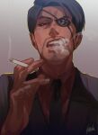  1boy absurdres between_fingers black_hair black_jacket black_necktie cigarette cocked_eyebrow eyebrows eyepatch facial_hair goatee highres irei_yukitoshi jacket majima_gorou male_focus manly necktie one-eyed open_mouth red_shirt ryuu_ga_gotoku shirt short_hair signature smoking teeth upper_body upper_teeth 