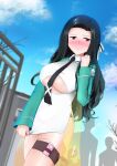  1girl black_hair black_necktie black_panties blue_sky blurry blurry_background blush breasts clenched_hand clenched_teeth cloud collared_dress commentary_request controller covered_navel cropped_jacket day dress dress_tug dutch_angle embarrassed forehead green_jacket hair_ribbon half-closed_eyes hand_up highres jacket kagitsume large_breasts long_hair long_sleeves looking_at_viewer mahouka_koukou_no_rettousei necktie nose_blush open_clothes open_jacket outdoors panties people public_indecency pussy_juice red_eyes remote_control remote_control_vibrator ribbon saegusa_mayumi see-through sex_toy shiny shiny_hair shiny_skin short_dress side_slit sidelocks silhouette sky solo_focus standing striped striped_ribbon sweat teeth thigh_strap underboob underwear vibrator vibrator_cord vibrator_under_clothes walking white_dress white_ribbon 