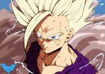  1boy bare_shoulders batmandrewart blonde_hair blood blood_from_mouth blue_eyes bruise closed_mouth collarbone commentary derivative_work dirty dirty_face dragon_ball dragon_ball_z dust electricity eyebrows forehead furrowed_brow highres injury looking_at_viewer male_focus medium_hair pectorals purple_shirt screencap_redraw shirt short_hair sleeveless solo son_gohan spiked_hair super_saiyan super_saiyan_2 