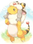  ampharos black_eyes blush commentary_request cosplay day full_body grass looking_up mareep mareep_(cosplay) no_humans open_mouth outdoors pokemon pokemon_(creature) signature solo tansho tongue 