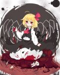  1girl :q ahoge arm_up bangs black_skirt black_vest blonde_hair blood blood_on_clothes blood_on_face blood_on_hands blush blush_stickers bow collared_shirt commentary_request disembodied_limb eyeball gradient gradient_background guro hair_bow highres long_sleeves looking_at_viewer pool_of_blood red_bow red_eyes red_neckwear rumia shirt sitting skirt solo tatutaniyuuto tongue tongue_out torn_clothes touhou vest white_background white_shirt wing_collar youkai 