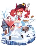  +_+ 1girl :o absurdres apron baguette black_headwear blush braid bread buttons cabbie_hat dot_nose double-breasted dragon_horns dragon_tail food hand_up hat highres holding horns house long_hair long_sleeves looking_at_viewer midriff navel neckerchief noi_mine original red_hair red_neckerchief red_shorts shirt shorts sign snow solo tail thighhighs tongs tray twintails waist_apron white_apron white_legwear white_shirt yellow_eyes 