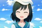  1girl :d ^_^ bangs black_hair blue_sky cato_(monocatienus) closed_eyes cloud commentary_request facing_viewer green_sailor_collar happy hat murasa_minamitsu open_mouth outdoors sailor_collar sailor_hat short_hair sky smile solo touhou upper_body white_headwear 