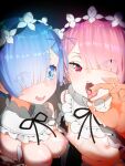  2girls bangs blue_eyes blue_hair breasts commentary cum cum_on_body cum_on_breasts detached_sleeves eyes_visible_through_hair flower_knot gradient gradient_background hair_ornament hair_over_one_eye highres large_breasts looking_at_viewer maid multiple_girls pink_hair ram_(re:zero) rbx_lamen re:zero_kara_hajimeru_isekai_seikatsu red_eyes rem_(re:zero) short_hair siblings sisters small_breasts tongue tongue_out twins upper_body x_hair_ornament 