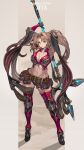 1girl armor armpits artist_request belt blonde_hair blue_eyes breasts cleavage commentary gauntlets granblue_fantasy greaves hairband highres long_hair navel polearm solo spear thighhighs twintails weapon zeta_(granblue_fantasy) 