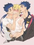  3boys alternate_costume biceps black_hoodie blonde_hair blue_hair blush bracelet closed_mouth collarbone cu_chulainn_(fate) cu_chulainn_(fate/stay_night) cu_chulainn_alter_(fate/grand_order) dark_persona earrings fate/grand_order fate/stay_night fate_(series) gilgamesh_(fate) grin hairband hand_in_pants hood hood_down hoodie jewelry long_hair long_sleeves male_focus multiple_boys multiple_persona muscular muscular_male nipples open_mouth ponytail red_eyes sharp_teeth shirasuboshiboshi shirt short_hair short_sleeves simple_background smile spiked_hair sweat t-shirt tank_top teeth white_background white_shirt white_tank_top yaoi 