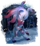  absurdres claws commentary full_body highres hisuian_zoroark likey night outdoors pokemon pokemon_(creature) signature snow standing tree yellow_eyes 