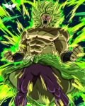  1boy abs angry aura bare_shoulders batmandrewart broly_(dragon_ball_super) clenched_hand commentary dragon_ball dragon_ball_super dragon_ball_super_broly energy english_commentary fur_trim green_hair highres legendary_super_saiyan long_hair male_focus nipples no_pupils open_mouth pants pectorals pink_eyes scar scar_on_chest shouting solo spiked_hair super_saiyan teeth topless_male 