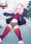  1boy :p absurdres blue_eyes blurry blurry_foreground blush bungo_taiga halo highres indie_virtual_youtuber jacket lying male_focus midriff navel niniidawns on_back otoko_no_ko red_legwear second-party_source short_shorts shorts sleeves_past_wrists smile snow snow_angel solo thighhighs tongue tongue_out virtual_youtuber 