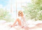  1girl bare_legs barefoot bed_sheet blonde_hair blue_eyes bush commentary crossed_ankles dated dress english_commentary expressionless flat_chest full_body highres long_sleeves original oyari_ashito parted_lips pillow redrawn short_hair signature solo unbuttoned white_dress window 