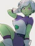  1girl bodysuit breasts cheelai colored_skin commentary_request dragon_ball dragon_ball_super dragon_ball_super_broly eyebrows_visible_through_hair gloves green_skin grey_background kemachiku legs looking_at_viewer medium_breasts purple_bodysuit red_eyes short_hair simple_background sitting solo white_gloves white_hair 