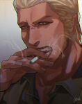  1boy absurdres between_fingers black_shirt blonde_hair brown_eyes cigarette gouda_ryuuji highres irei_yukitoshi male_focus manly necktie open_mouth ryuu_ga_gotoku ryuu_ga_gotoku_2 shirt sideburns signature thick_eyebrows upper_body 