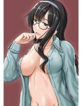  1girl alternate_breast_size black_hair blue_eyes blue_shirt blush breasts collared_shirt commentary_request covered_nipples eyebrows_visible_through_hair glasses hairband kantai_collection large_breasts long_hair long_sleeves nail_polish navel ooyodo_(kancolle) open_clothes open_mouth open_shirt oyabun_(higashi) partial_commentary semi-rimless_eyewear shirt solo upper_body white_hairband 