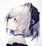  1girl absurdres bare_shoulders black_choker black_eyes buckle choker collar commentary_request crescent from_side grey_background hairband highres hito_komoru lolita_hairband looking_away looking_up off_shoulder original pale_skin parted_lips profile short_hair silver_hair simple_background solo upper_body 