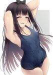  1girl :d arm_behind_head armpits arms_up bangs black_hair black_swimsuit bow breasts commentary_request covered_navel covered_nipples eyebrows_visible_through_hair grey_eyes hair_bow highres kanata_(kanata_onion) long_hair looking_at_viewer old_school_swimsuit open_mouth original polka_dot polka_dot_bow school_swimsuit sidelocks simple_background small_breasts smile solo standing swimsuit teeth upper_teeth wet 