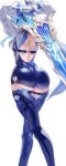  1girl arms_up ass ass_focus back back_cutout belt blue_bodysuit blue_gloves blue_hair blue_legwear bodysuit breasts capelet clothing_cutout crossed_legs detached_sleeves eula_(genshin_impact) facing_away feet_out_of_frame from_behind genshin_impact gloves hair_ornament highres holding holding_sword holding_weapon multiple_belts skindentation solo sword thick_thighs thigh_strap thighhighs thighs uenoryoma weapon white_sleeves 