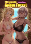  2girls bangs bikini black_bra black_panties blonde_hair blue_eyes bra breasts contrast dark-skinned_female dark_elf dark_skin elf eyebrows_visible_through_hair grey_hair grin hair_between_eyes highres kuurunaitsu large_breasts long_hair medium_breasts multiple_girls open_mouth original panties pointy_ears red_eyes short_hair smile swimsuit underwear white_bikini 