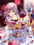  3girls ascot bangs bat_wings blonde_hair blood blush braid breasts cake closed_eyes commentary_request crystal cup dress fingernails flandre_scarlet floral_print flower food fruit green_neckwear green_ribbon hair_ribbon hat hat_ribbon highres ice_cream izayoi_sakuya looking_at_viewer macaron maid maid_headdress maruta_(shummylass) medium_breasts mob_cap moon multicolored_wings multiple_girls night night_sky nose_blush nosebleed open_mouth petals pink_dress plate pointy_ears pomegranate puffy_short_sleeves puffy_sleeves purple_eyes red_eyes red_moon red_neckwear red_ribbon remilia_scarlet ribbon rose rose_petals saucer short_sleeves siblings side_ponytail silver_hair sisters sky standing table tablecloth teapot touhou tray tress_ribbon twin_braids wings wrist_cuffs 