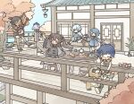  2boys 4girls animal bangs black_hair blue_hair bonsai brown_hair child chinese_clothes chongyun_(genshin_impact) closed_eyes dark-skinned_female dark_skin day feeding food genshin_impact guoba_(genshin_impact) hair_ornament hair_rings hairclip hat highres hu_tao_(genshin_impact) instrument lattice light_blue_eyes light_blue_hair long_hair long_sleeves multicolored_hair multiple_boys multiple_girls music ofuda one_eye_closed open_mouth outdoors plant playing_instrument potted_plant purple_hair qiqi_(genshin_impact) red_eyes red_hair shionosuke short_hair sidelocks sitting standing stool streaked_hair table tree twintails xiangling_(genshin_impact) xingqiu_(genshin_impact) xinyan_(genshin_impact) yellow_eyes younger 