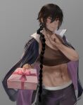  1girl ;) abs bandaid bandaid_on_cheek black_hair blush box braid breasts brown_sports_bra cleavage finger_to_mouth fingernails gift gift_box grey_background hair_between_eyes highres hunyan jacket jacket_on_shoulders large_breasts long_braid long_braid_girl_(hunyan) long_hair looking_at_viewer midriff muscular muscular_female navel one_eye_closed open_clothes open_jacket original reaching_out shorts single_braid smile solo sports_bra tan 