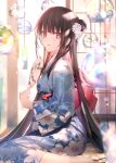  1girl bangs barefoot black_eyes black_hair blurry blurry_foreground blush bokeh breasts commentary_request day depth_of_field floral_print flower full_body hair_bun hair_flower hair_ornament hand_fan hand_up highres holding holding_fan indoors japanese_clothes kimono long_hair looking_at_viewer looking_to_the_side mashima_saki_(mashimasa) original paper_fan parted_lips sitting small_breasts solo sunlight very_long_hair wariza white_flower wide_sleeves wind_chime yukata 